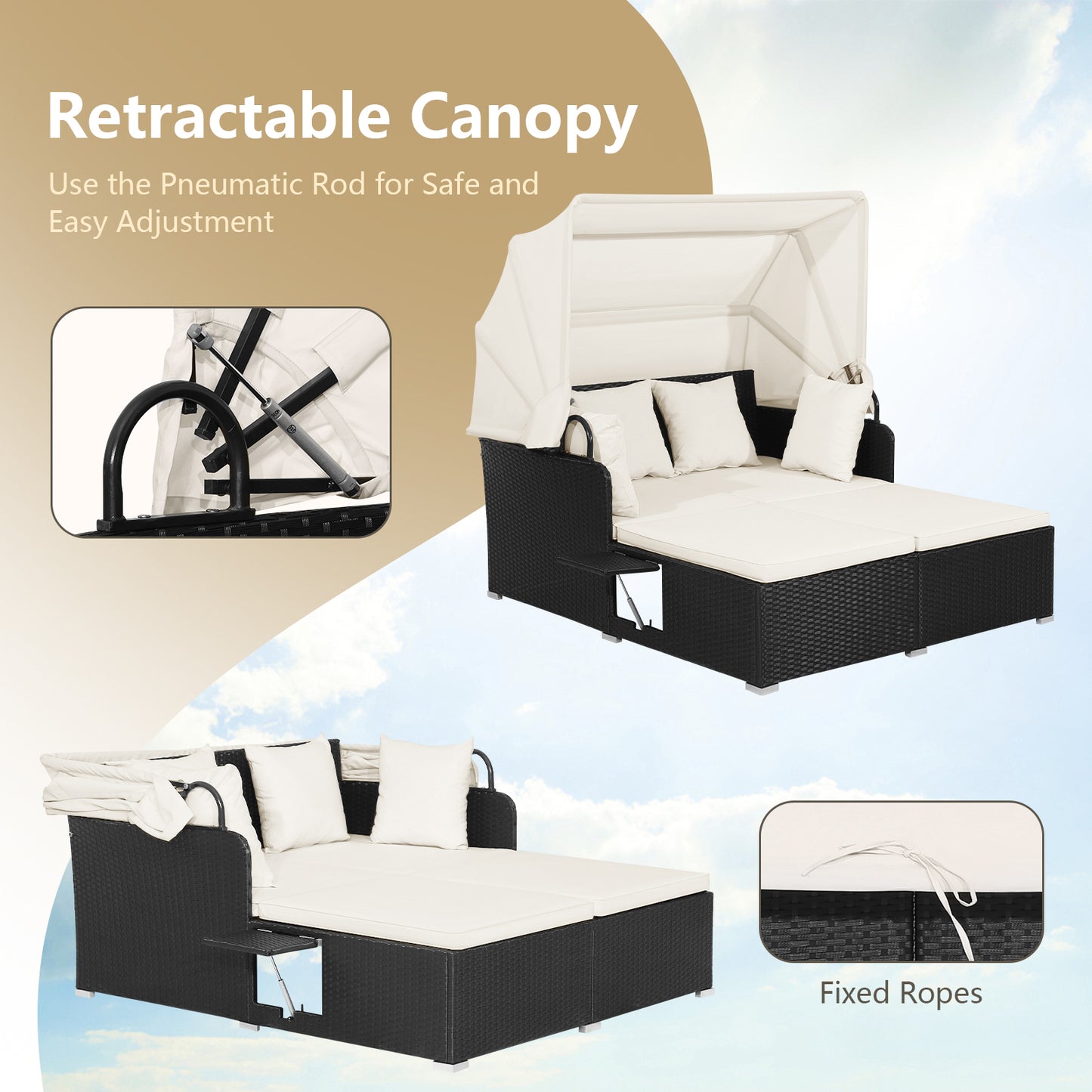 Garden Rattan Daybed with Retractable Canopy and Cushions-Beige