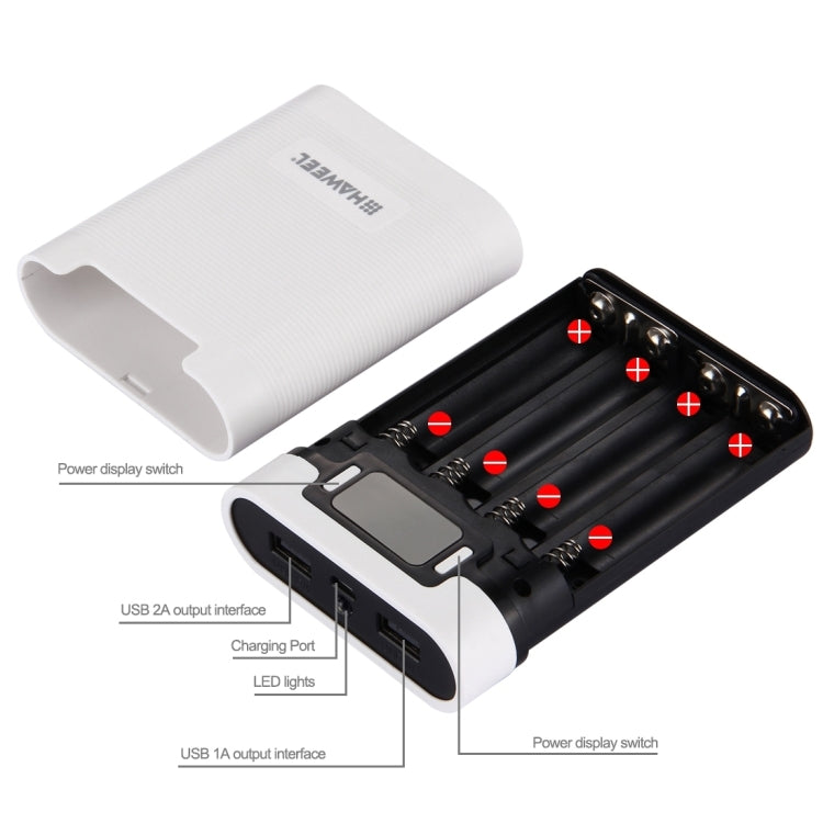 [US Warehouse] HAWEEL DIY 4 x 18650 Battery (Not Included) 10000mAh Power Bank Shell Box with 2 x USB Output & Display for iPhone, Galaxy, Sony, HTC, Google, Huawei, Xiaomi, Lenovo and other Smartphones(White)