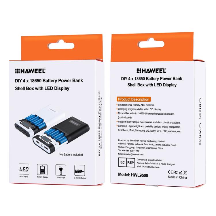 [US Warehouse] HAWEEL DIY 4 x 18650 Battery (Not Included) 10000mAh Power Bank Shell Box with 2 x USB Output & Display for iPhone, Galaxy, Sony, HTC, Google, Huawei, Xiaomi, Lenovo and other Smartphones(White)