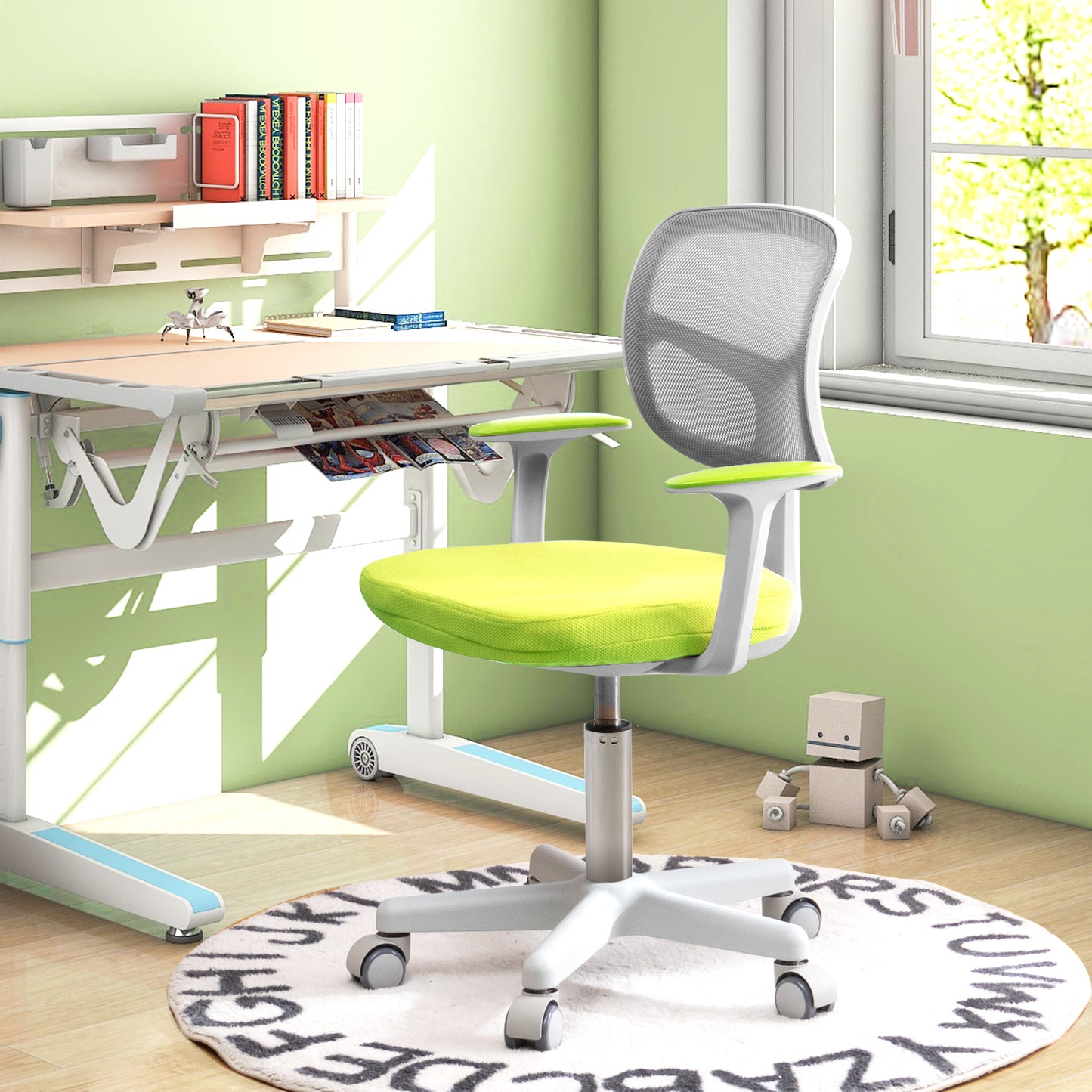 Kids Height-Adjustable Swivel Computer Desk Chair with Lumbar Support-Blue