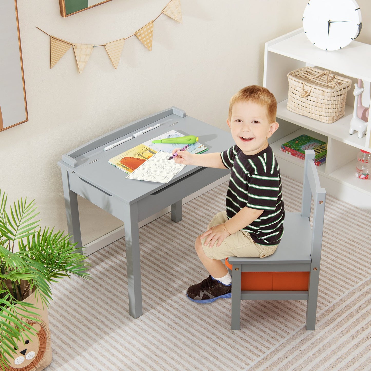 Kids Table and Chair Set with Hidden Space and Hook-Natural