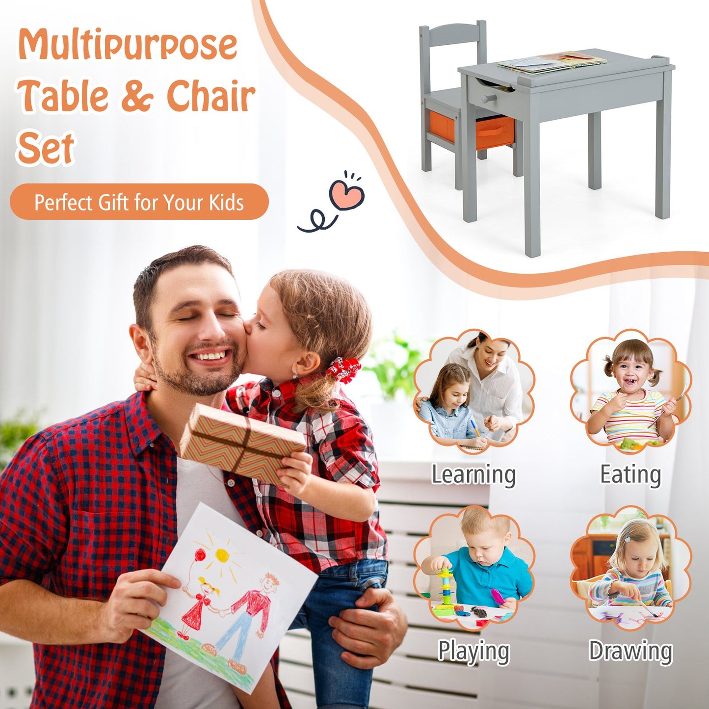 Kids Table and Chair Set with Hidden Space and Hook-Natural