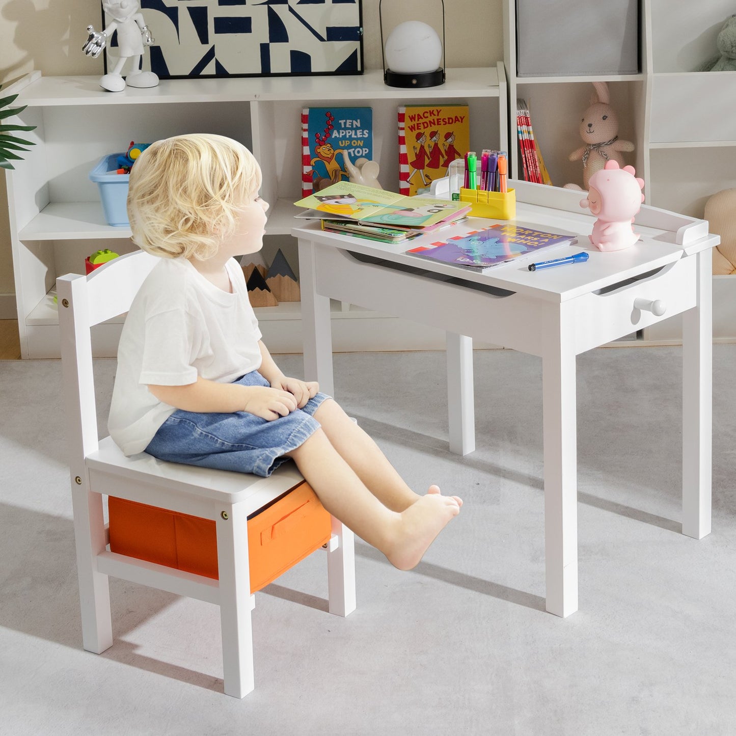 Kids Table and Chair Set with Hidden Space and Hook-Natural