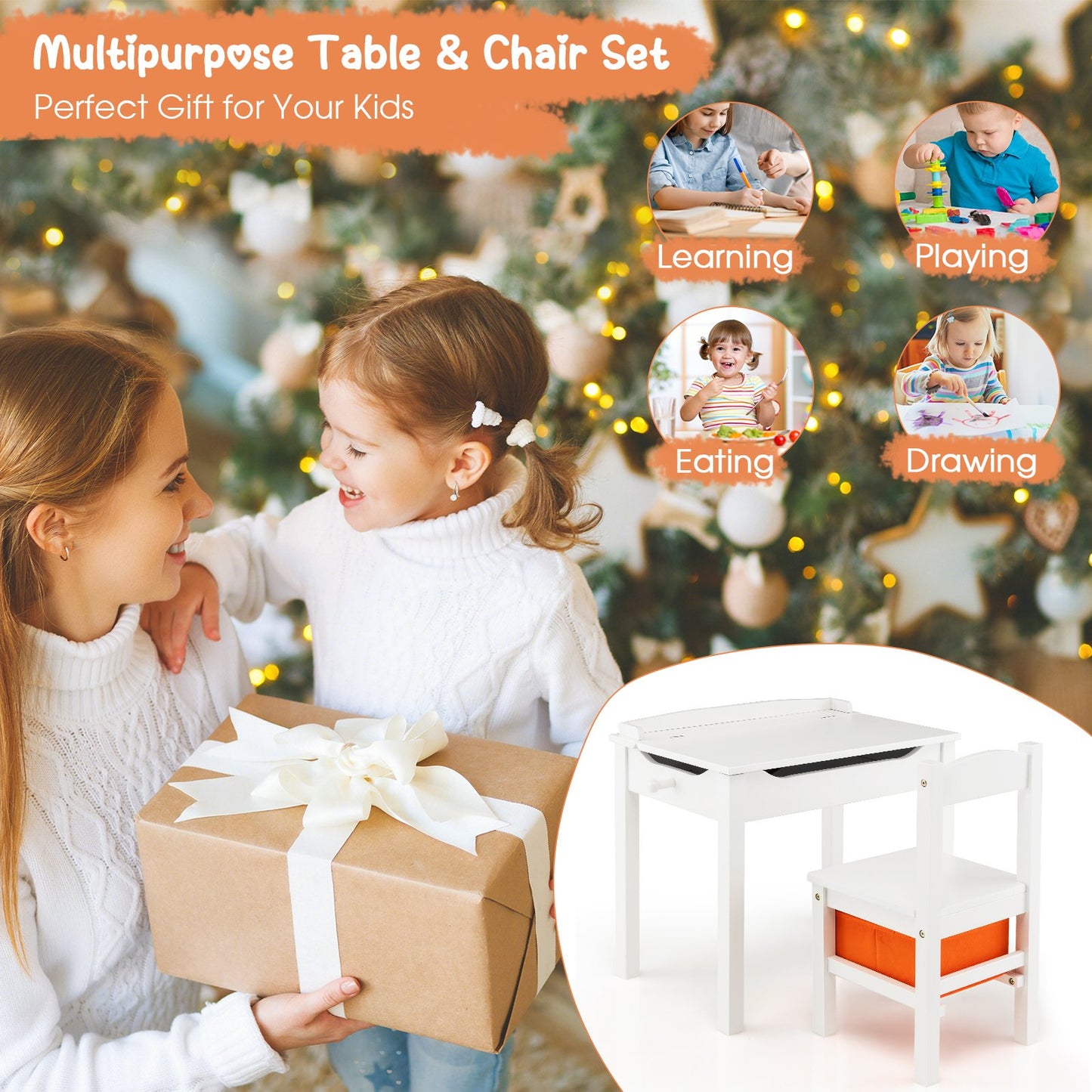 Kids Table and Chair Set with Hidden Space and Hook-Natural