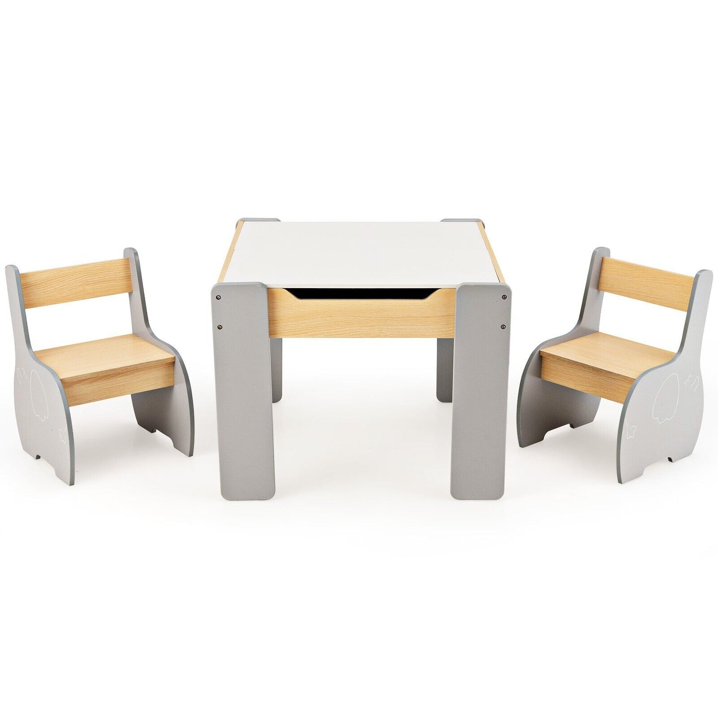 Wooden Kids Table and Chair Set with Hidden Storage-Gray & White