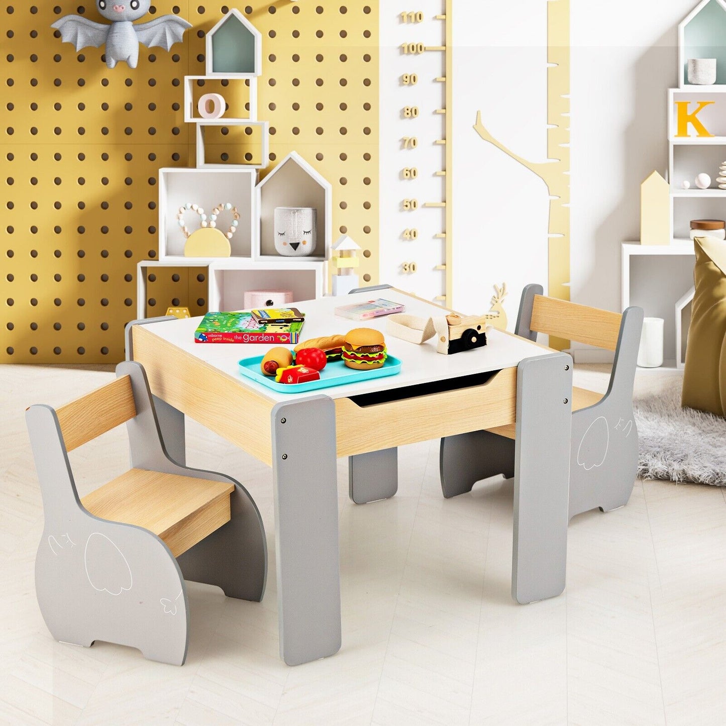 Wooden Kids Table and Chair Set with Hidden Storage-Gray & White