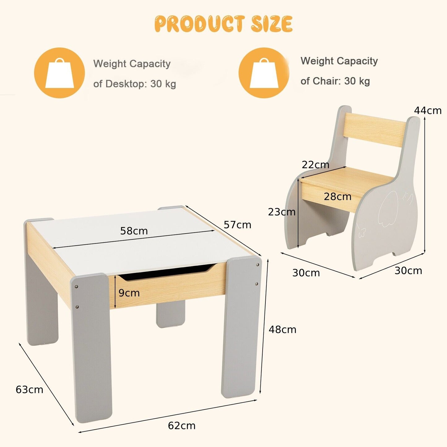 Wooden Kids Table and Chair Set with Hidden Storage-Gray & White