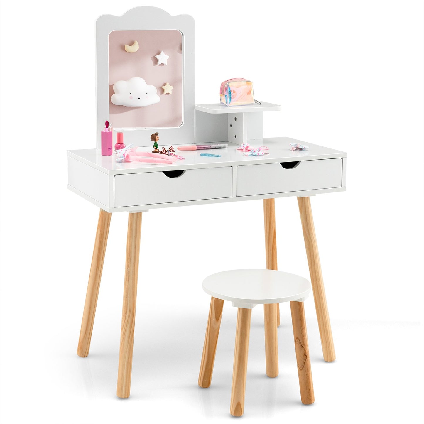 Kids Vanity Table and Stool Set with Square Mirror and Storage Shelf-Light Pink