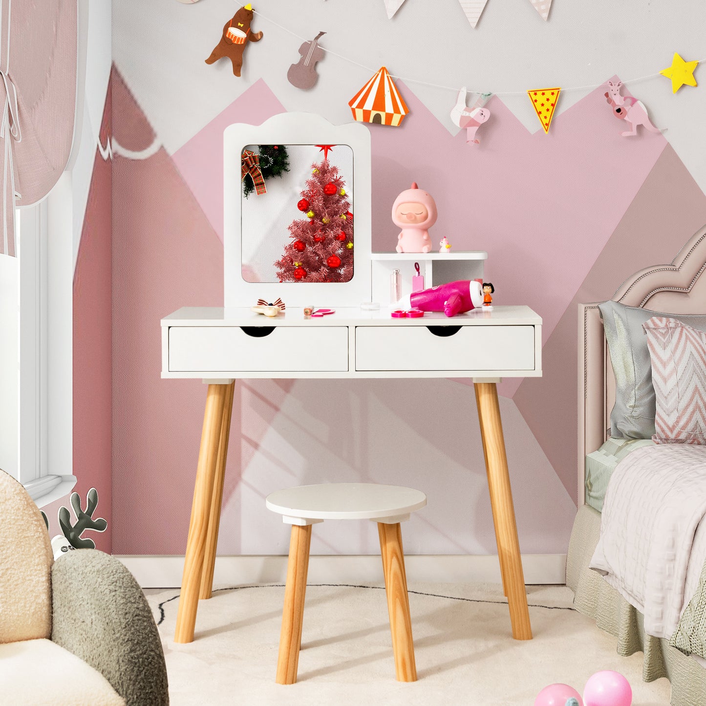 Kids Vanity Table and Stool Set with Square Mirror and Storage Shelf-Light Pink