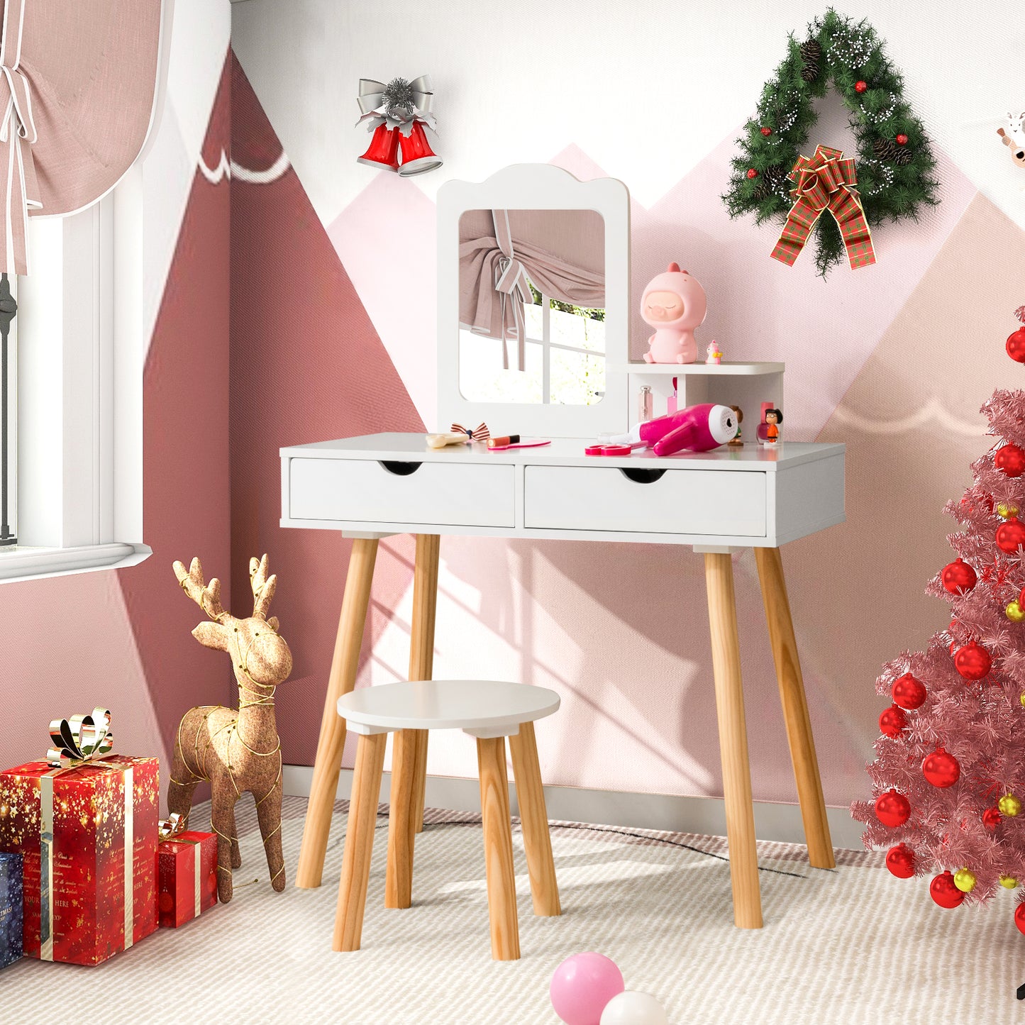 Kids Vanity Table and Stool Set with Square Mirror and Storage Shelf-Light Pink