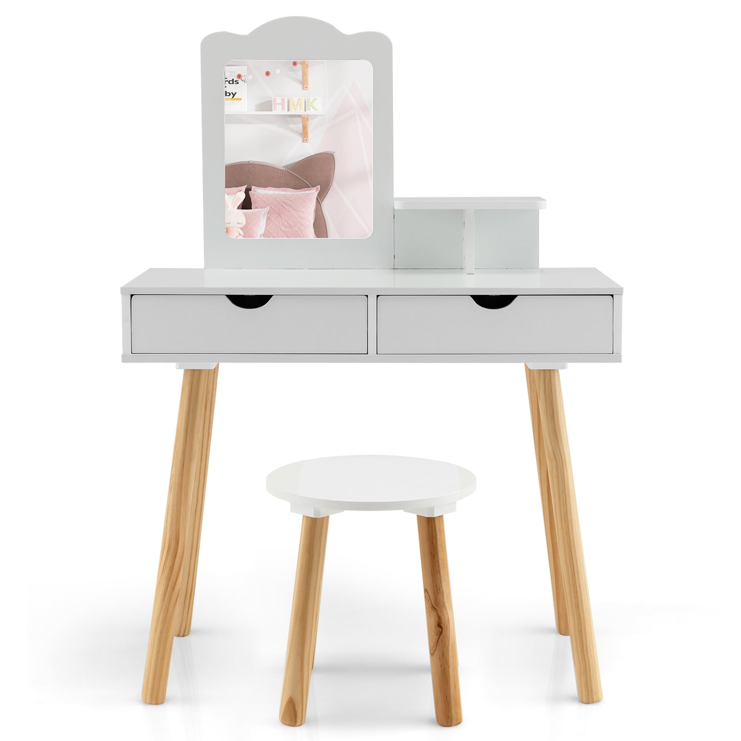Kids Vanity Table and Stool Set with Square Mirror and Storage Shelf-Light Pink