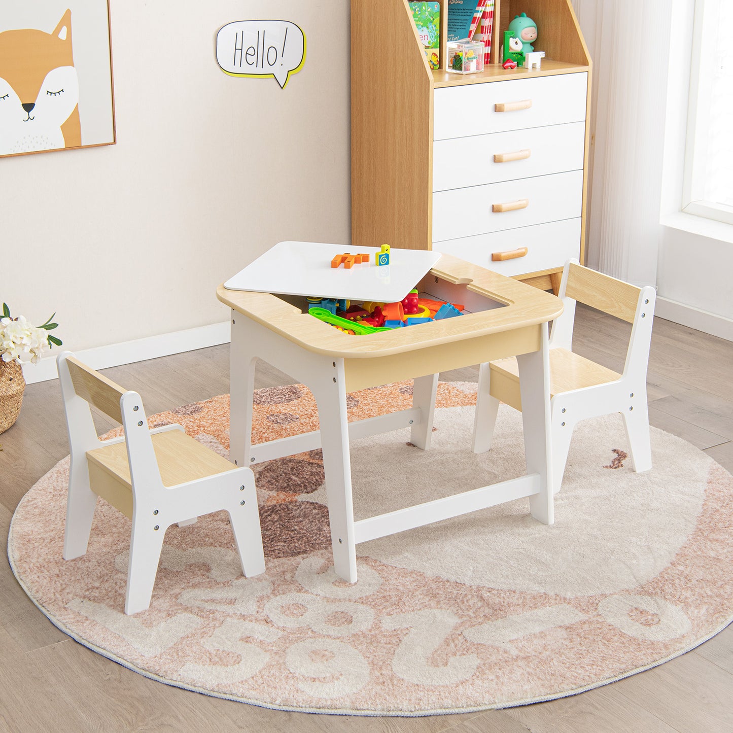 Kids Table and Chairs Set with Double-Sided Tabletop and Hidden Storage-Grey