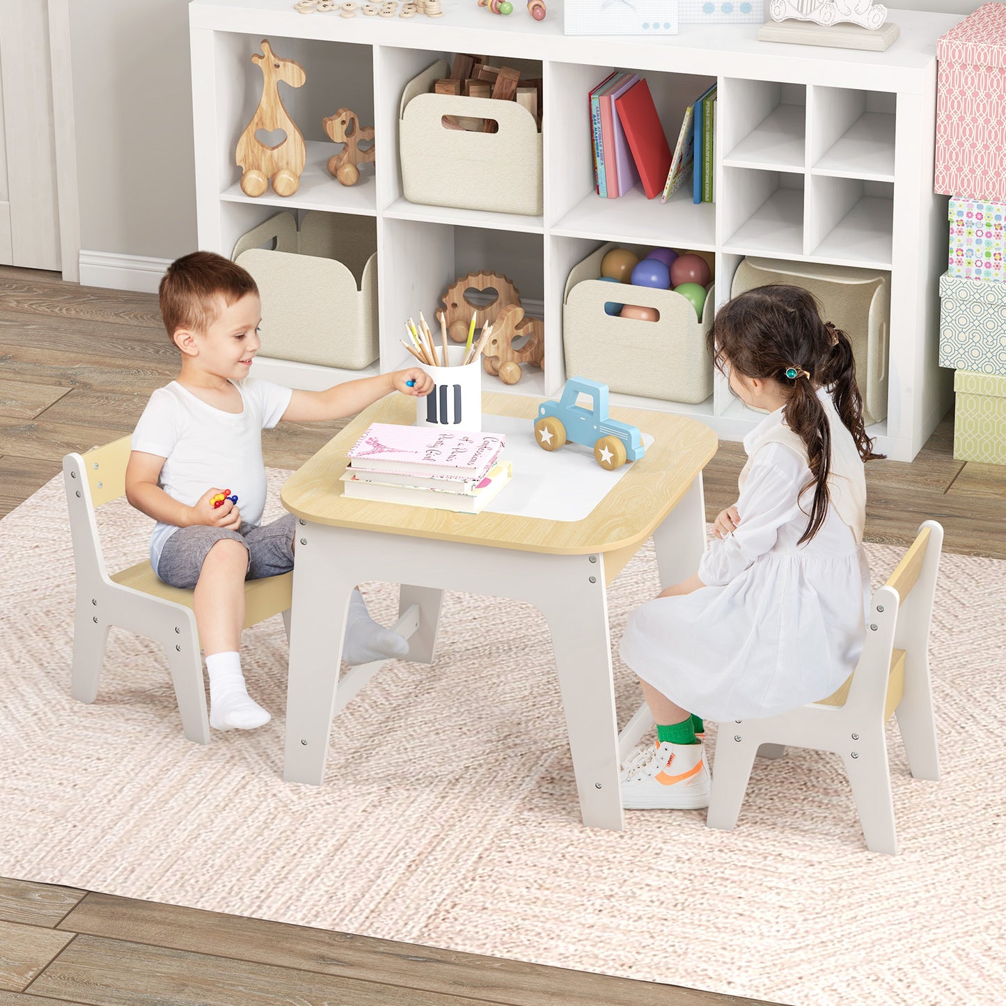 Kids Table and Chairs Set with Double-Sided Tabletop and Hidden Storage-Grey