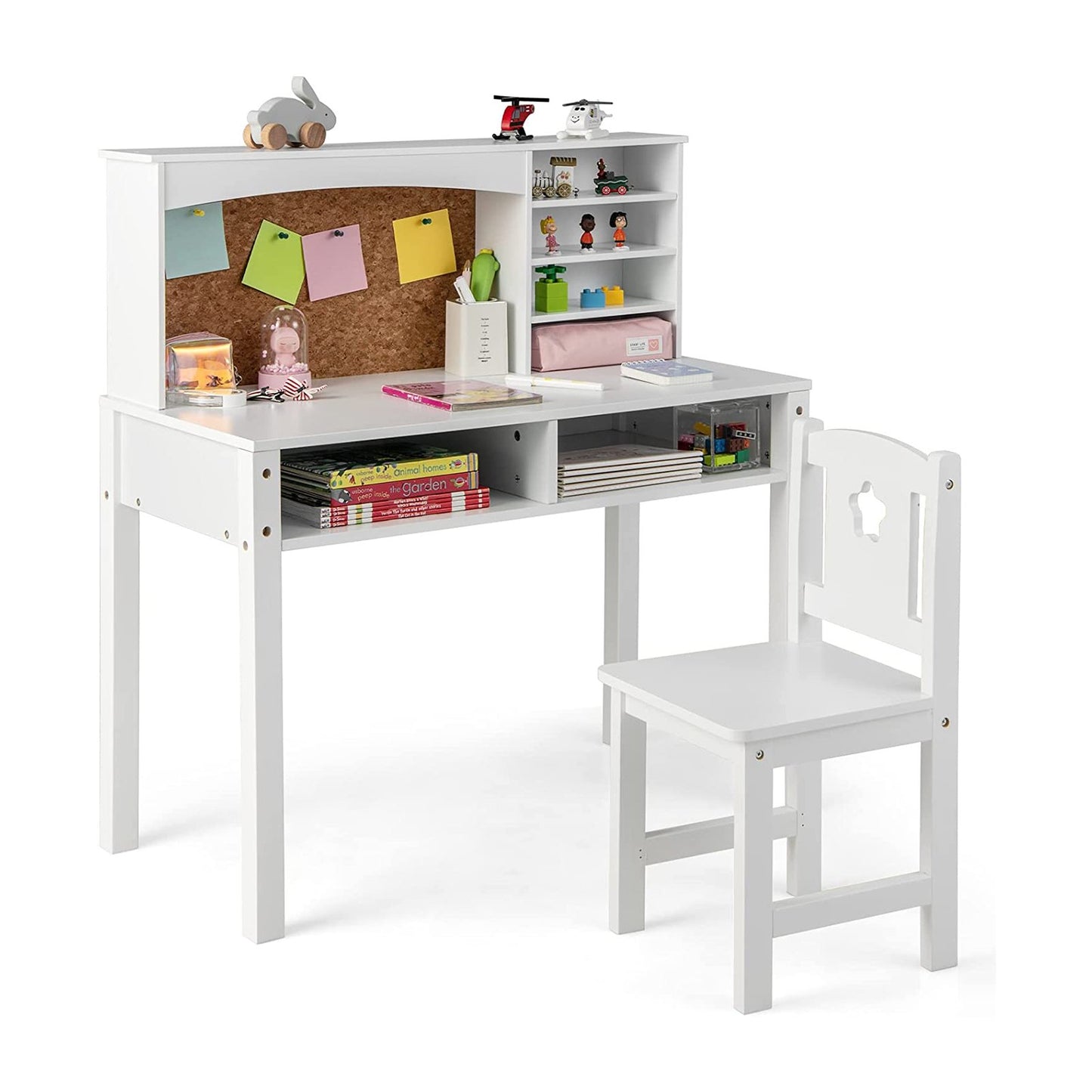 Wooden Kids Desk and Chair Set with Hutch for Studying and Reading-Pink