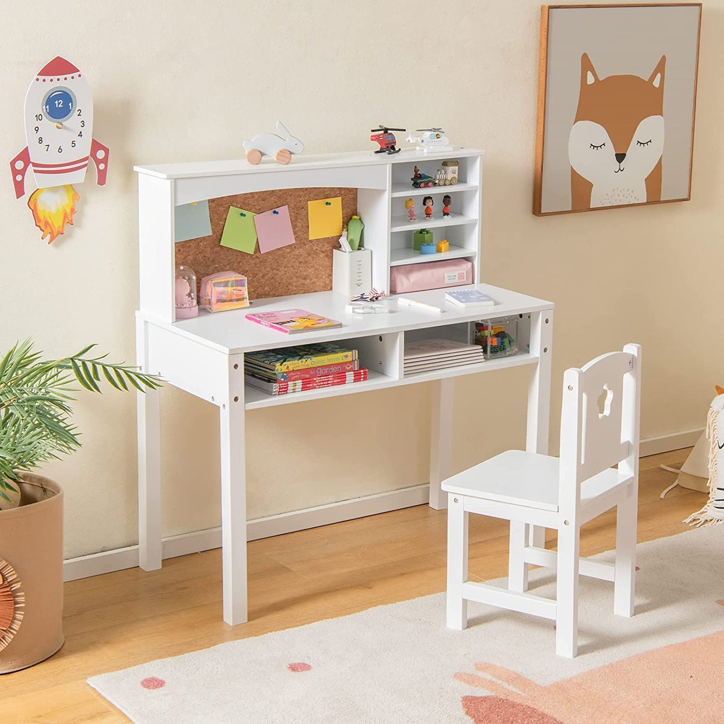 Wooden Kids Desk and Chair Set with Hutch for Studying and Reading-Pink