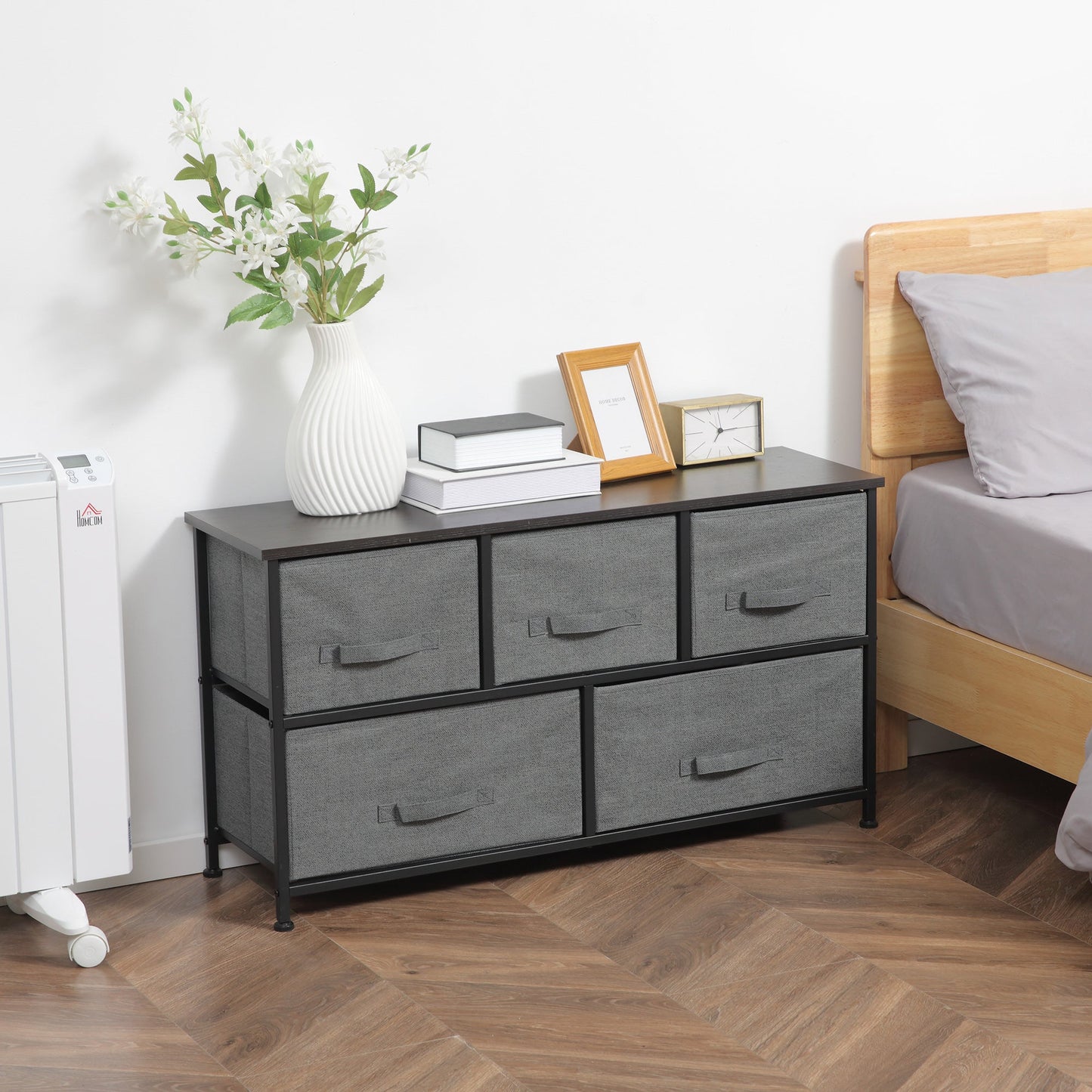 HOMCOM Chest of Drawers, 5 Drawer Fabric Dresser for Bedroom, Dark Grey