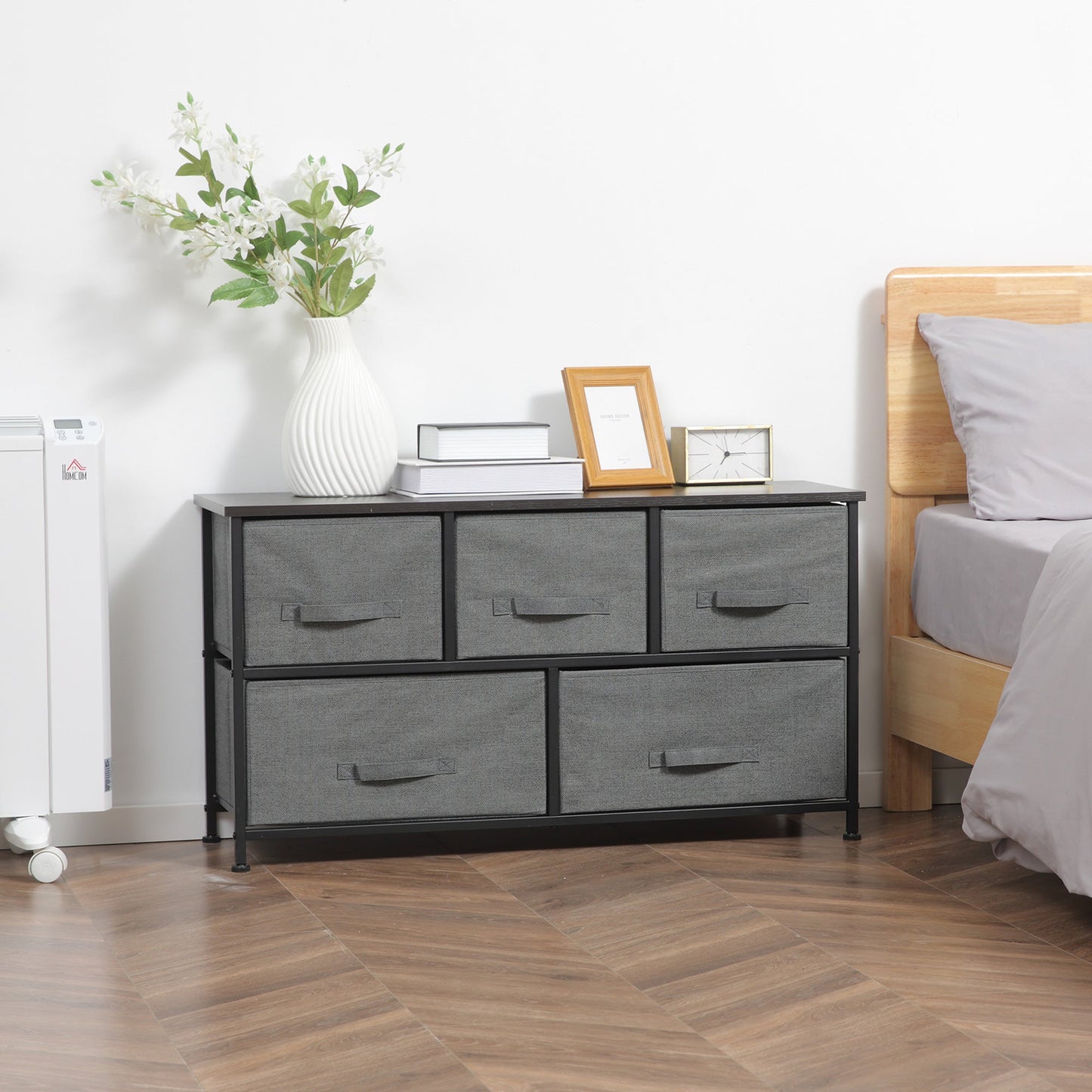 HOMCOM Chest of Drawers, 5 Drawer Fabric Dresser for Bedroom, Dark Grey