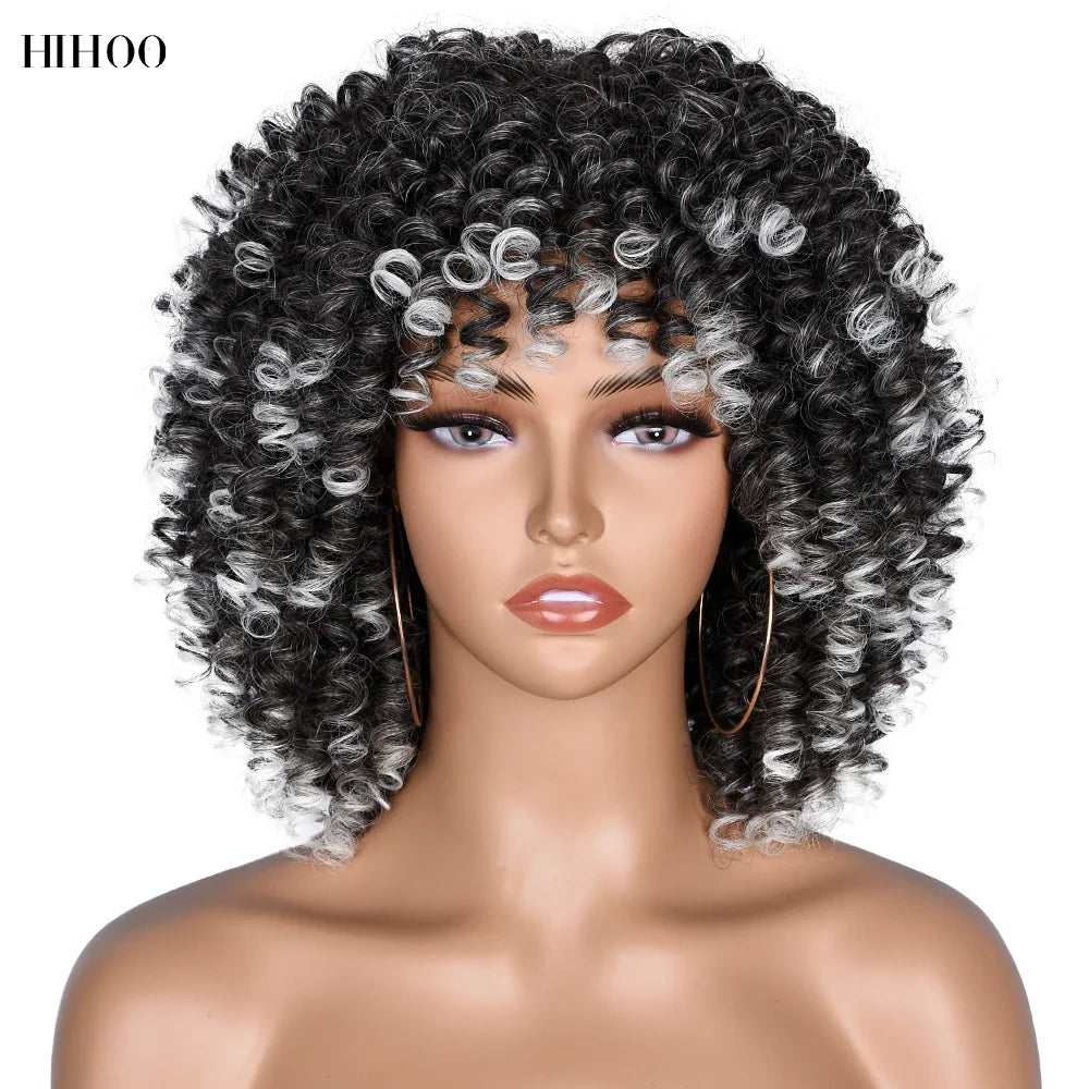 Curly Afro Wigs for Black Women Short Curly Wig with Bangs Kinky Curls Curly Hair Synthetic Wigs for African American Women