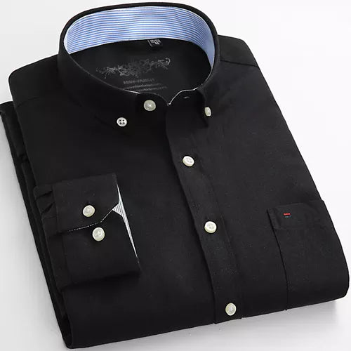 Men's Fashion Long Sleeve Solid Oxford Shirt Single Patch Pocket Standard-fit Button-down Collar Shirts