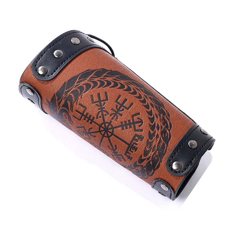 Wide Bangle Nordic Viking Compass Punk Wolf Head Leather Bracelet