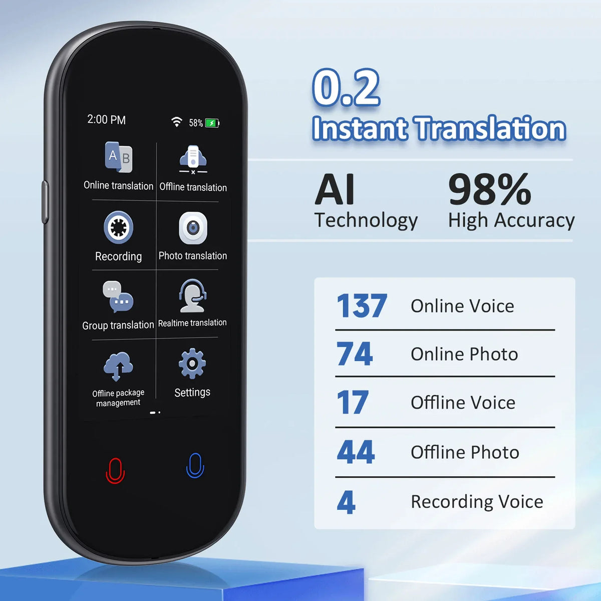 Instant AI Voice Translator - Portable Real-Time Translator with 3.1” Touchscreen, Photo Translation & Voice Recording