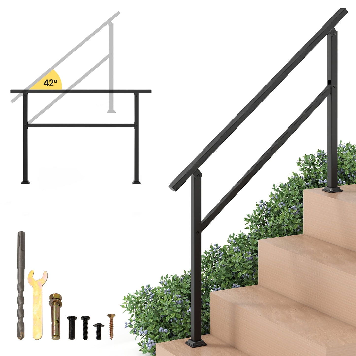 Handrail for Outdoor Steps Fits 0-2/3/4/5/6 Steps with Flexible Angle Adjustment-2 step