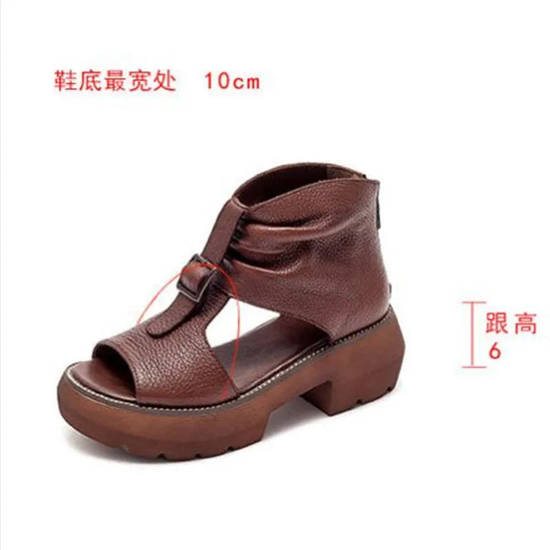 Vintage Genuine Leather Sandals Mid Heel Summer Fish Mouth Ladies Shoes Summer Shoes Casual Mother Sandals