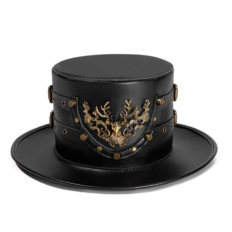 Plague Doctor Hat PU Leather Black Flat Top Witch Hat