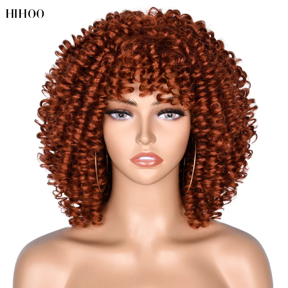 Curly Afro Wigs for Black Women Short Curly Wig with Bangs Kinky Curls Curly Hair Synthetic Wigs for African American Women