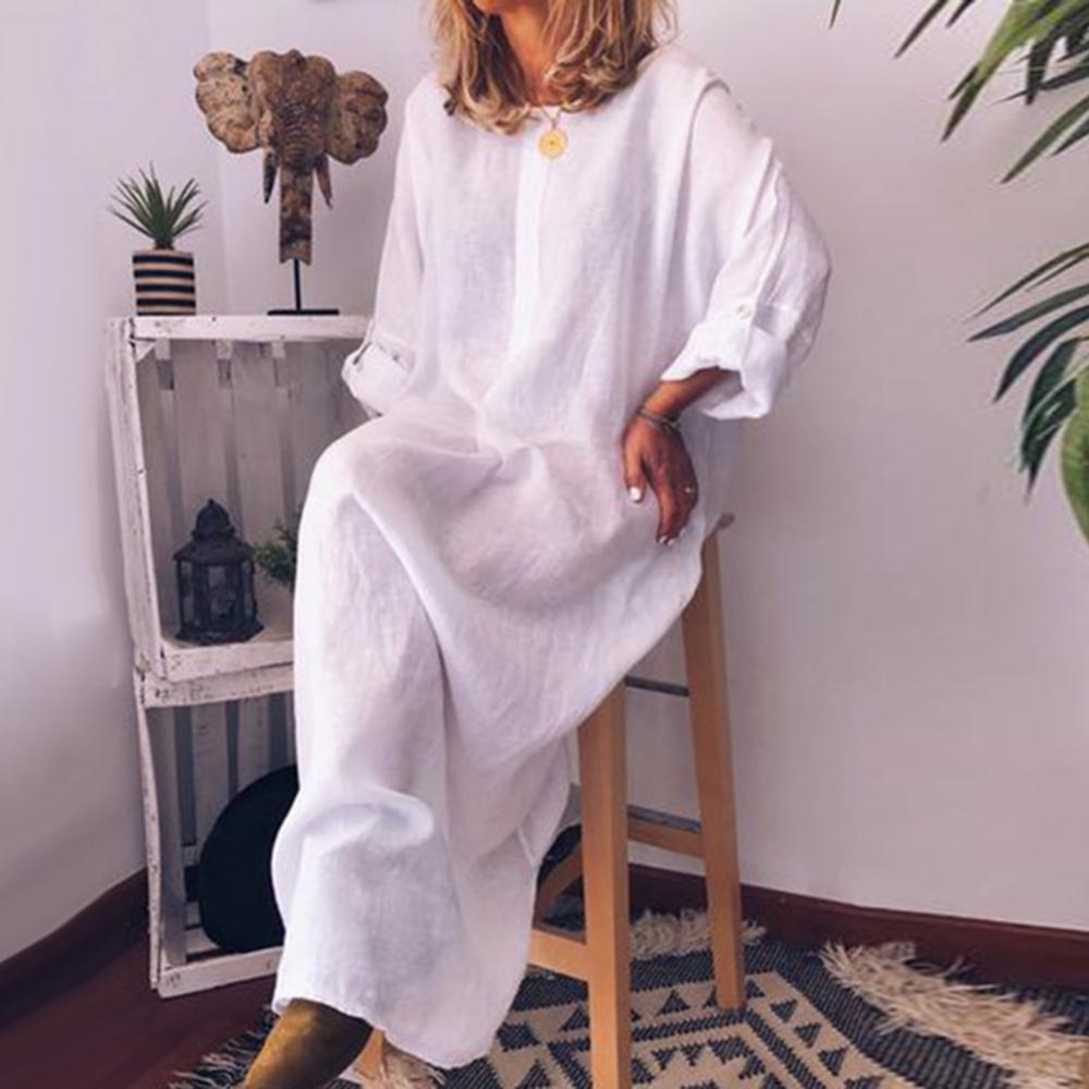 Women's Solid Color Over size Maxi Cotton Long Shirt Kaftan Dress Long