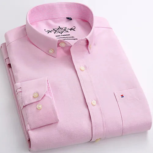 Men's Fashion Long Sleeve Solid Oxford Shirt Single Patch Pocket Standard-fit Button-down Collar Shirts
