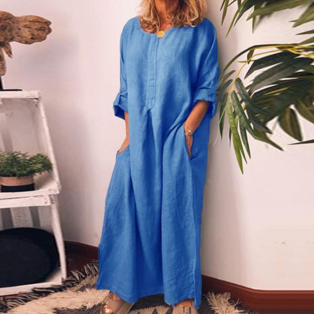 Women's Solid Color Over size Maxi Cotton Long Shirt Kaftan Dress Long