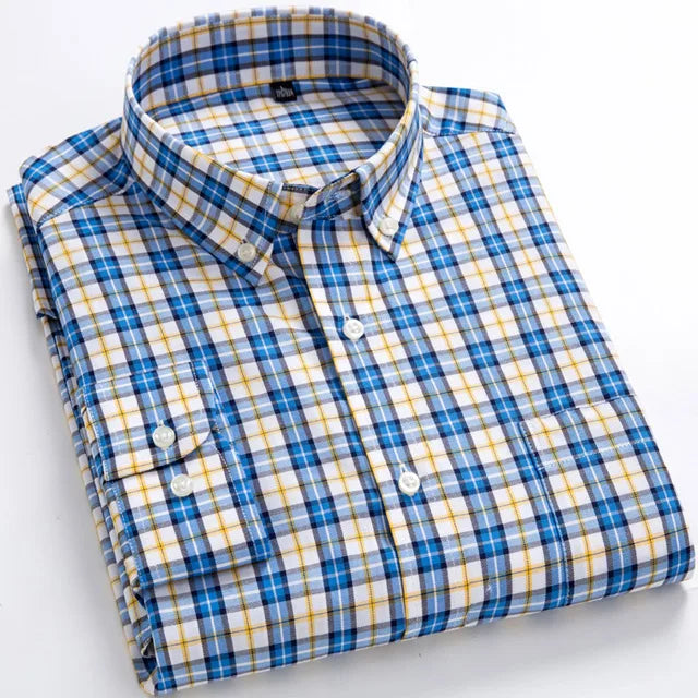 Men's 100% Cotton Standard-Fit Long-Sleeve Casual Checked Shirt Single Patch Pocket Button-down Collar