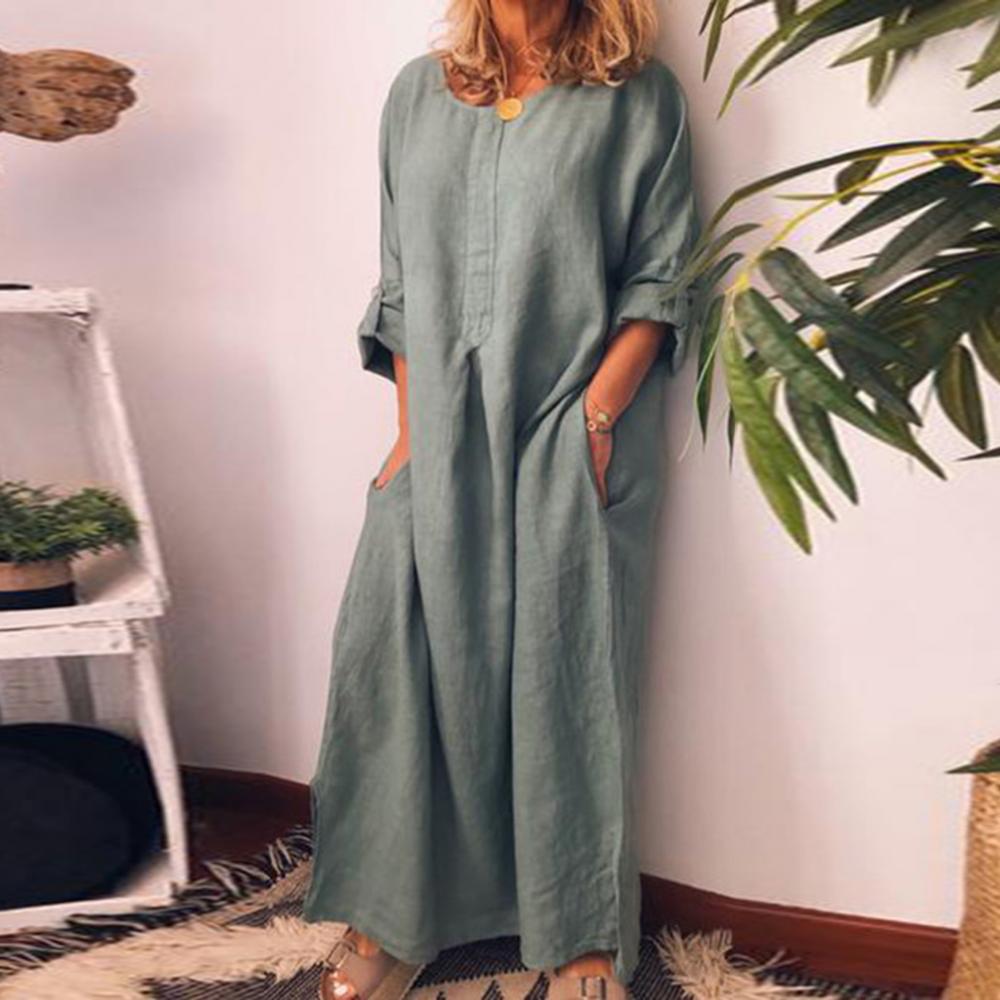 Women's Solid Color Over size Maxi Cotton Long Shirt Kaftan Dress Long