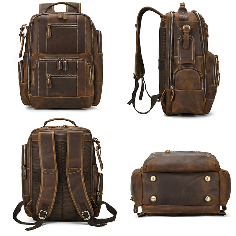 Vintage Genuine Leather Man& Travel Backpack Laptop Daypack Real Leather School Bag Big Travel Rucksack