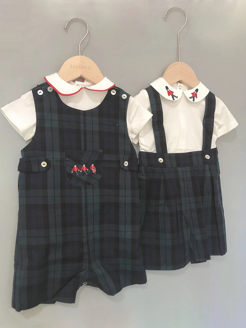 Children Boutique Clothing Set Baby Boy Clothes Soldier Embroidered Cotton Shirt British plaid Romper For 3seasons 0-5years