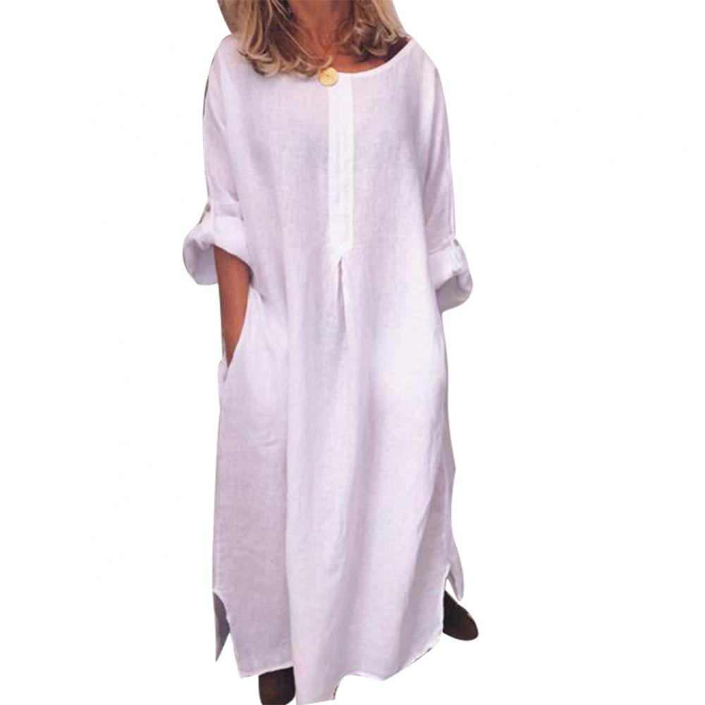 Women's Solid Color Over size Maxi Cotton Long Shirt Kaftan Dress Long