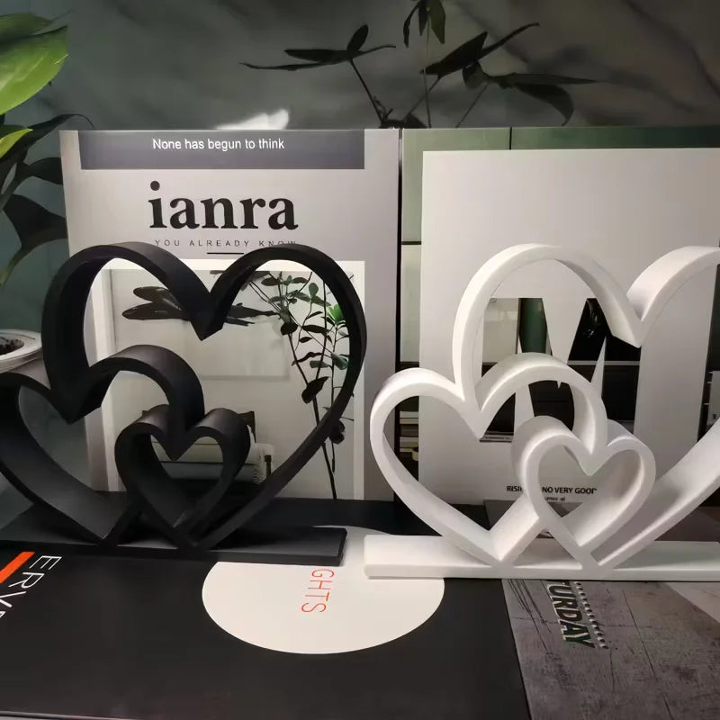 Heart to Heart Statue Black White Love Ornament - Desk Valentine Home Decoration