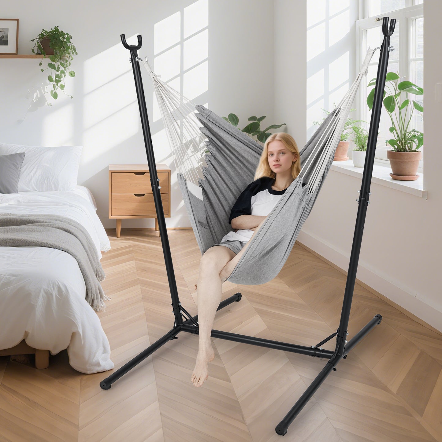 Heavy Duty and Height Adjustable Hammock Chair Side Pocket-Grey