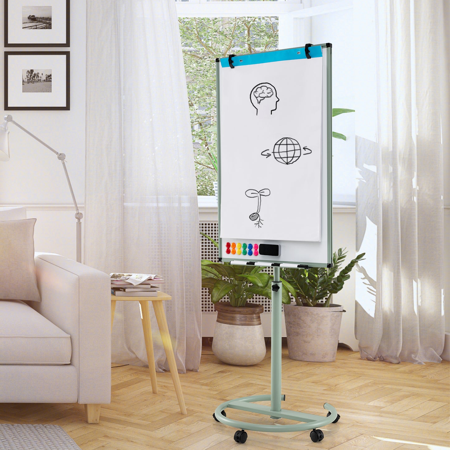 100 cm x 65 cm Height-Adjustable Magnetic Whiteboard on Wheels-Black & White