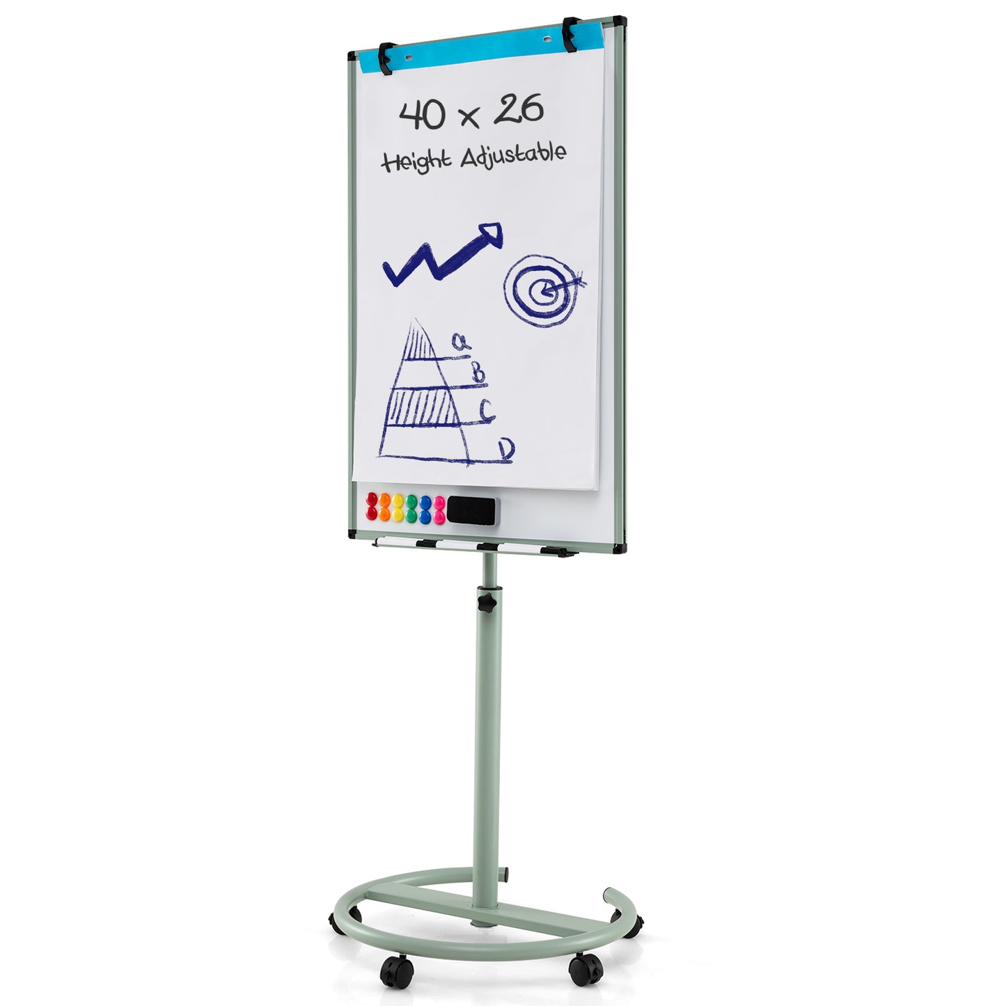 100 cm x 65 cm Height-Adjustable Magnetic Whiteboard on Wheels-Black & White