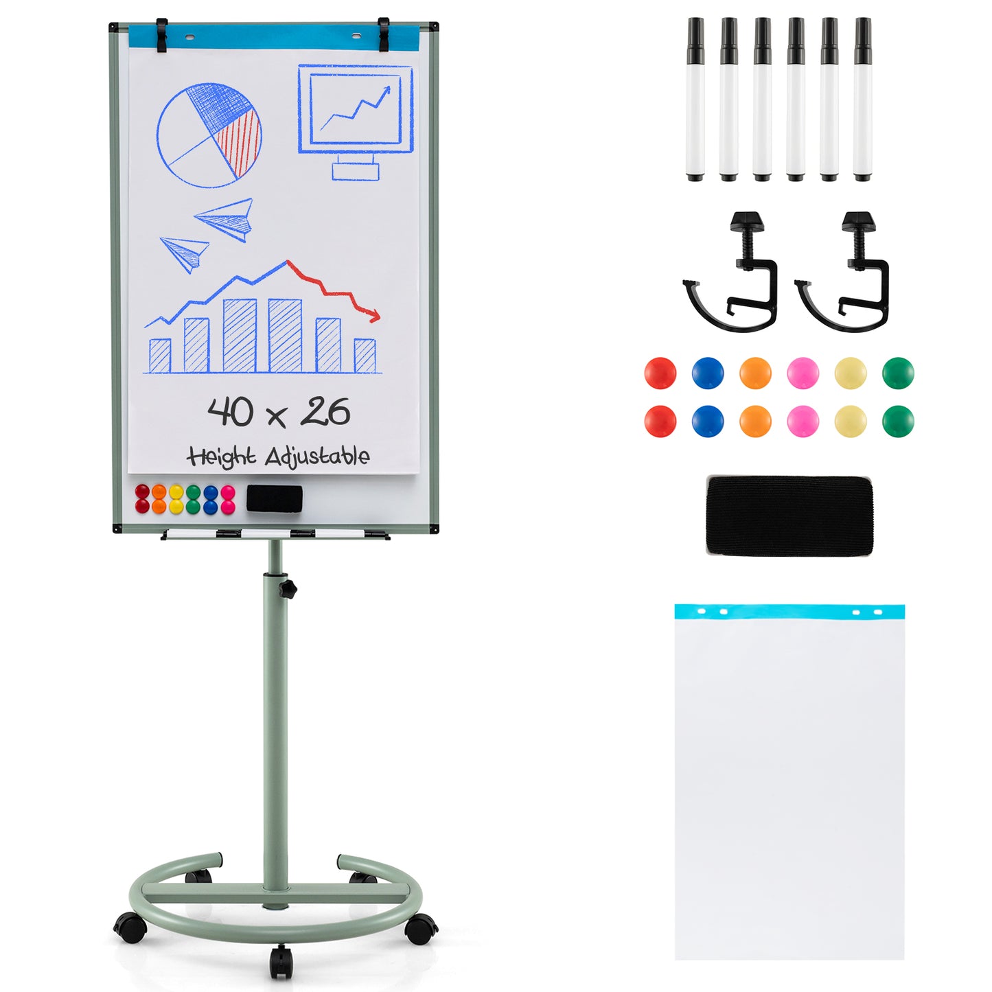 100 cm x 65 cm Height-Adjustable Magnetic Whiteboard on Wheels-Black & White