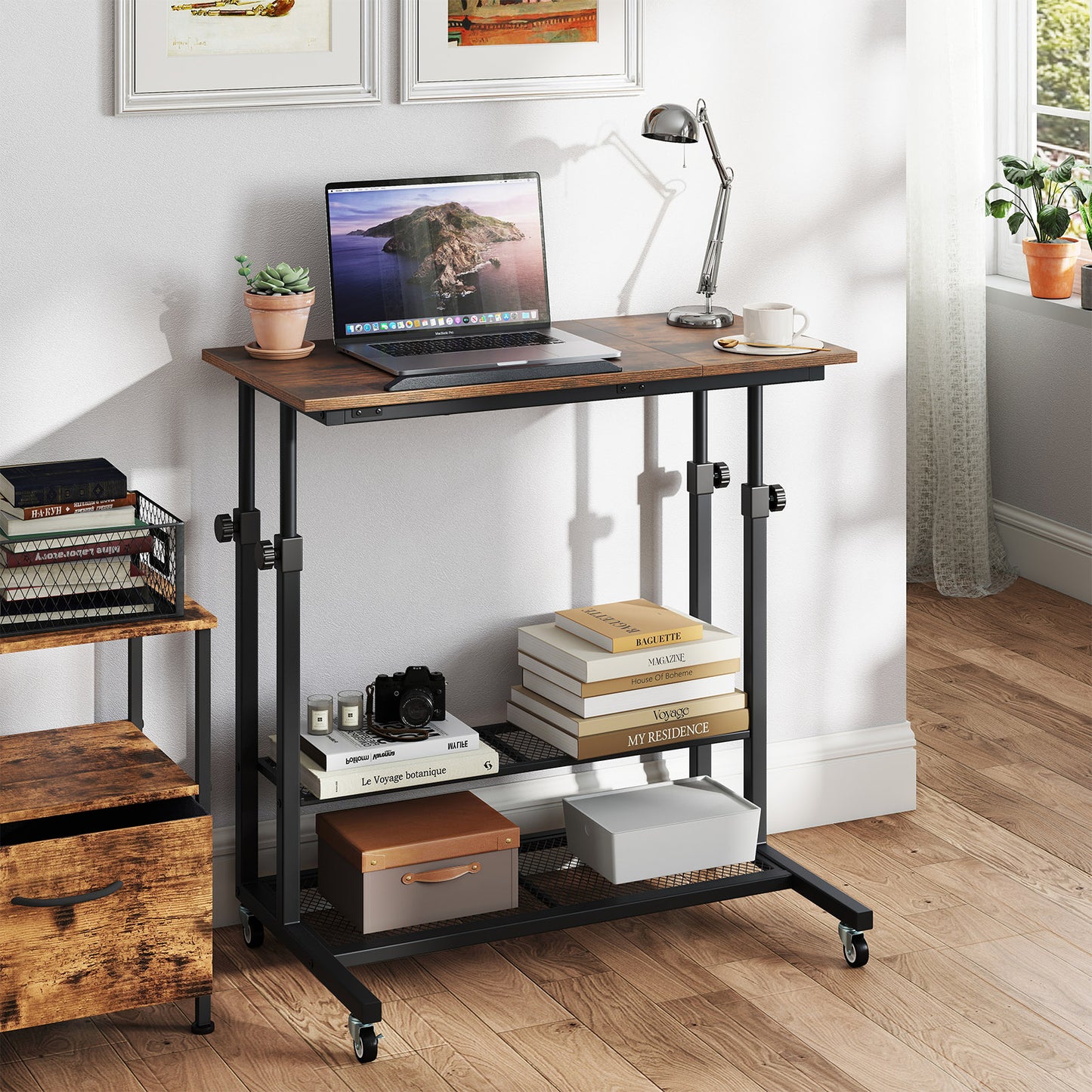 Mobile Stand up Height Adjustable Sit Stand Desk with Tilting Tabletop-Oak