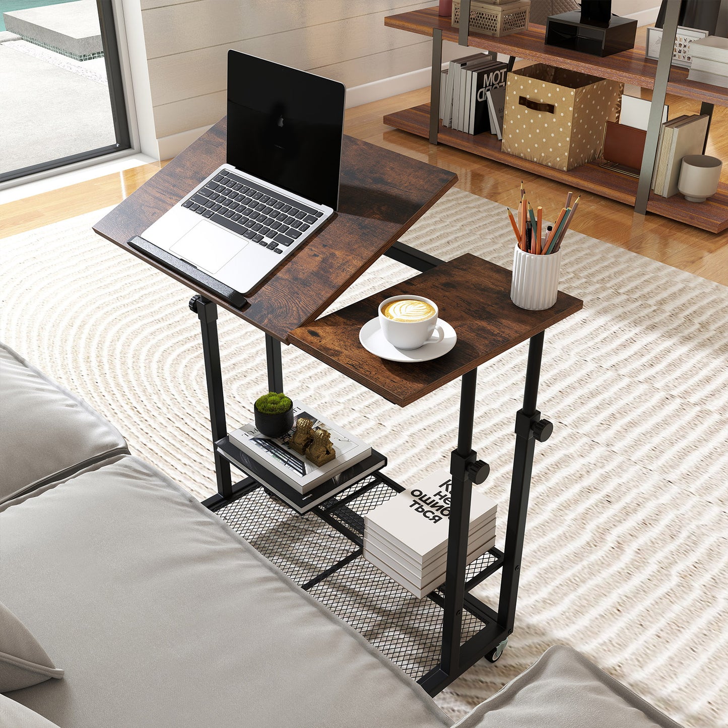 Mobile Stand up Height Adjustable Sit Stand Desk with Tilting Tabletop-Oak