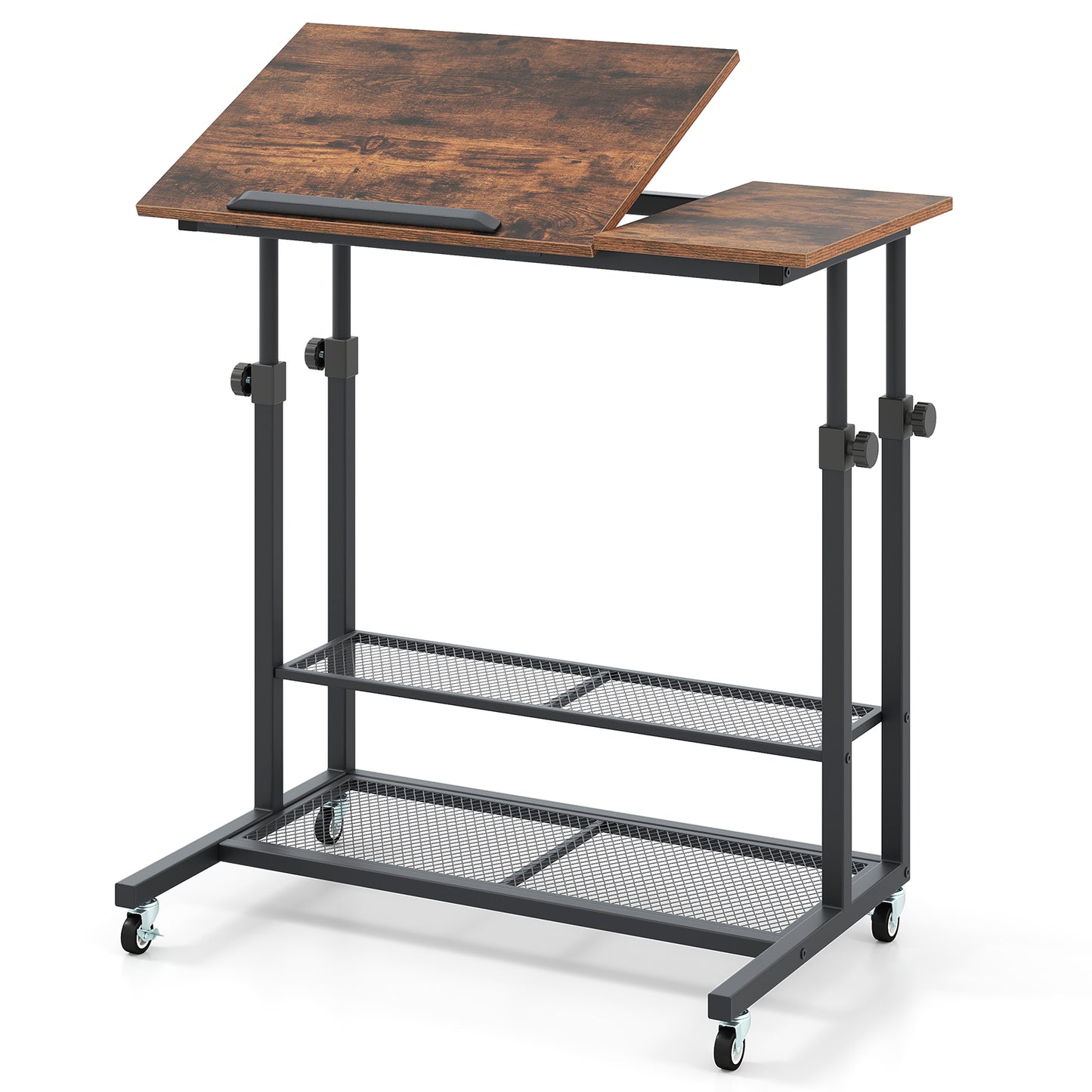 Mobile Stand up Height Adjustable Sit Stand Desk with Tilting Tabletop-Oak