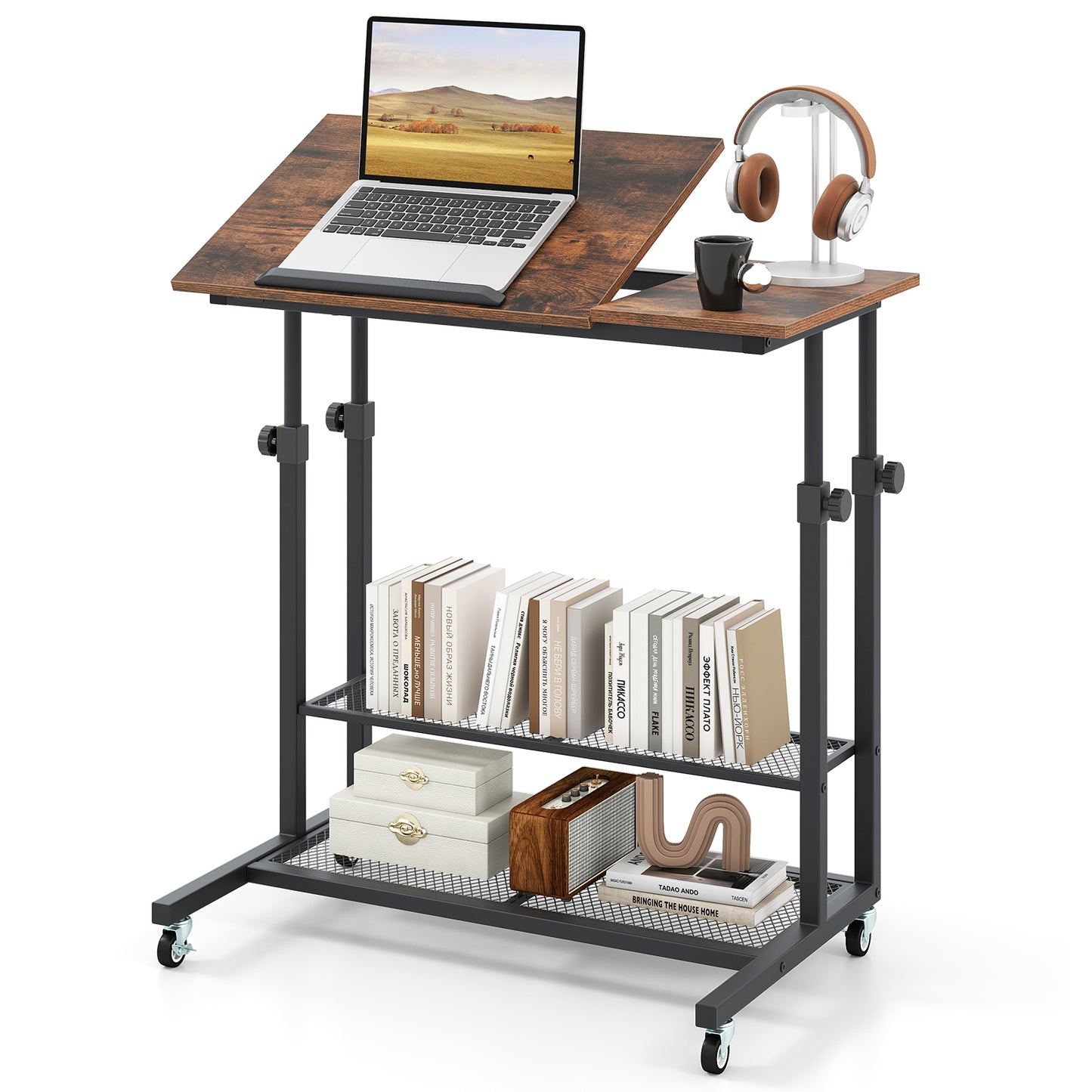 Mobile Stand up Height Adjustable Sit Stand Desk with Tilting Tabletop-Oak