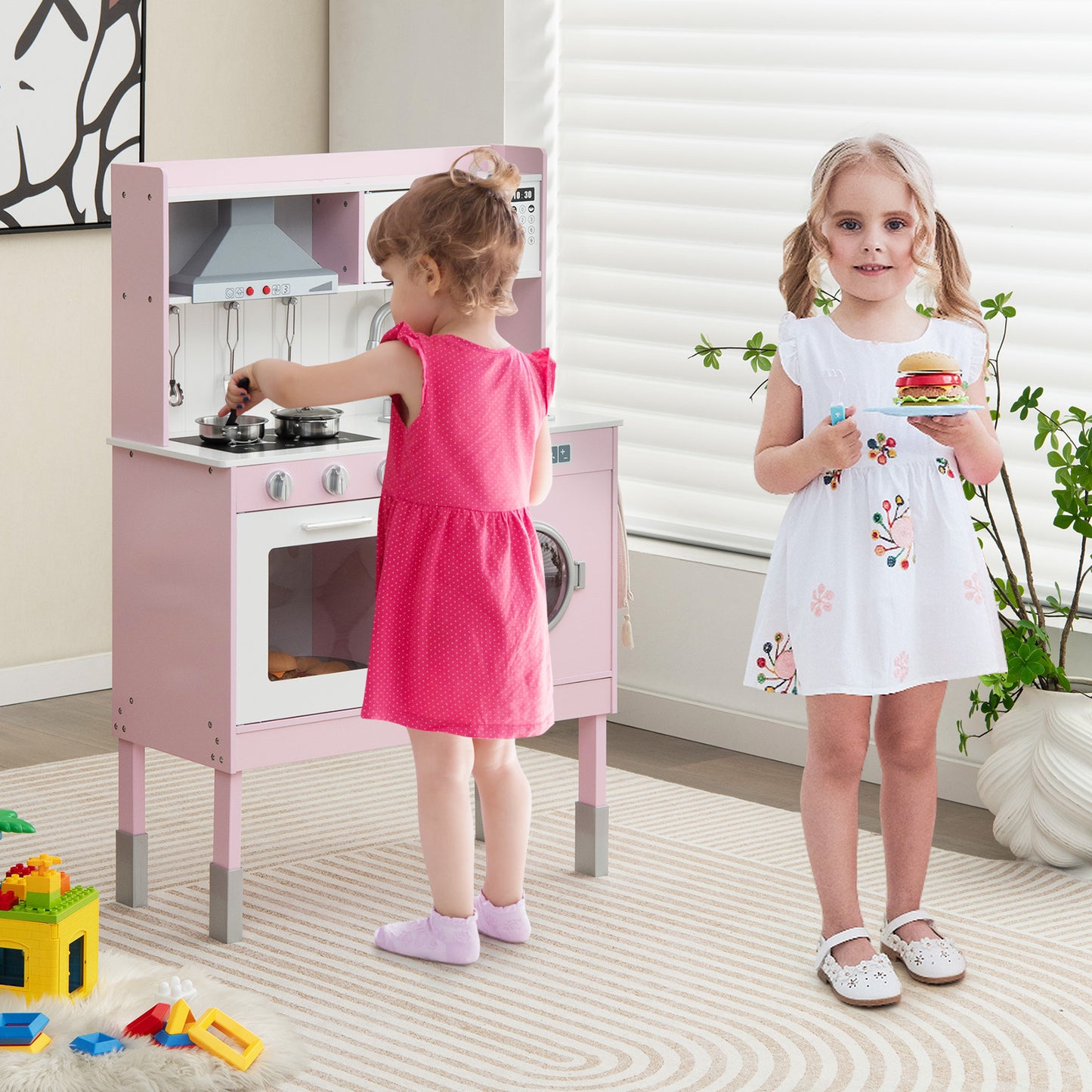 Adjustable Wooden Kids Play Kitchen with Washing Machine-Pink