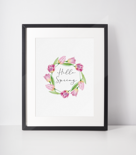 Hello Spring Tulip Wreath Spring Easter Seasonal Wall Home Decor Print