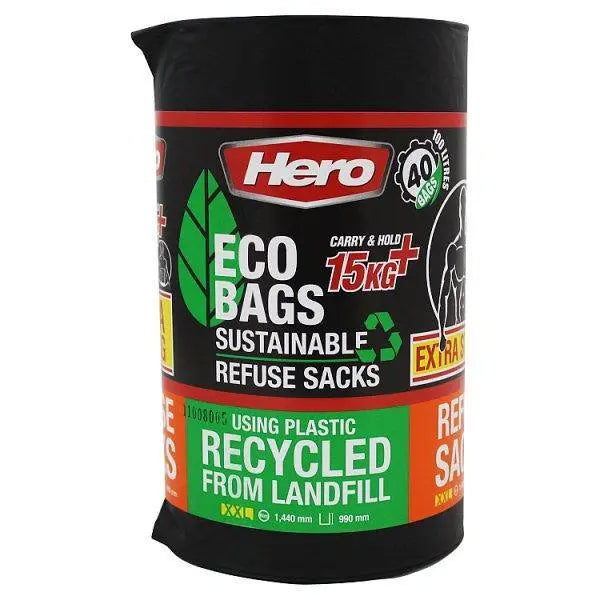 Hero 40 Eco Bags Sustainable Refuse Sacks Extra Strong 100 Litres