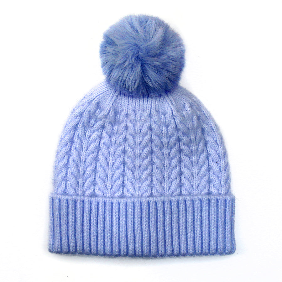 Recycled Yarn Herringone Cable Knit Hat with Faux Fur Pompom